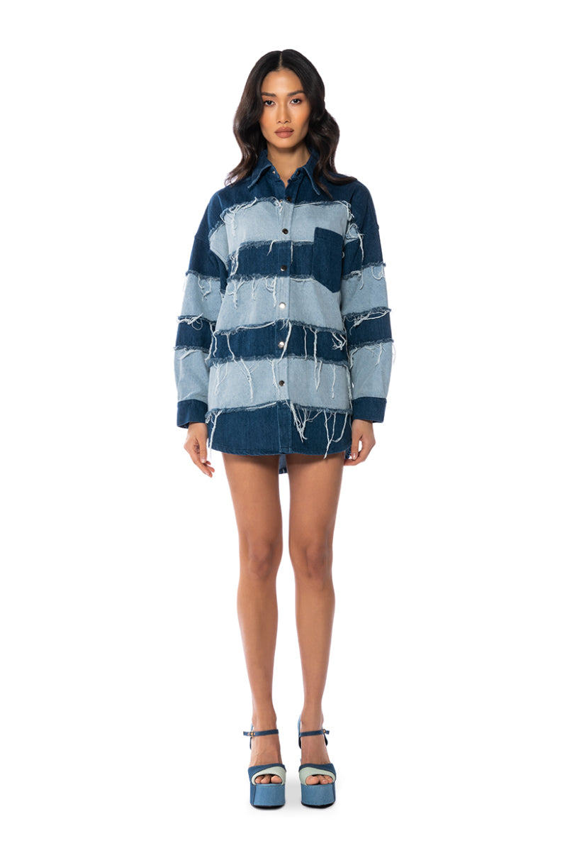Back View Splash Frayed Colorblock Denim Jacket view 3