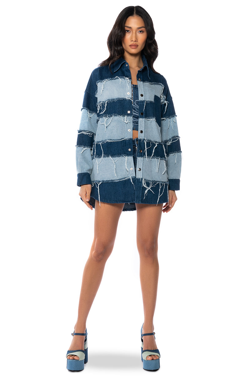 Detail View Splash Frayed Colorblock Denim Jacket view 4