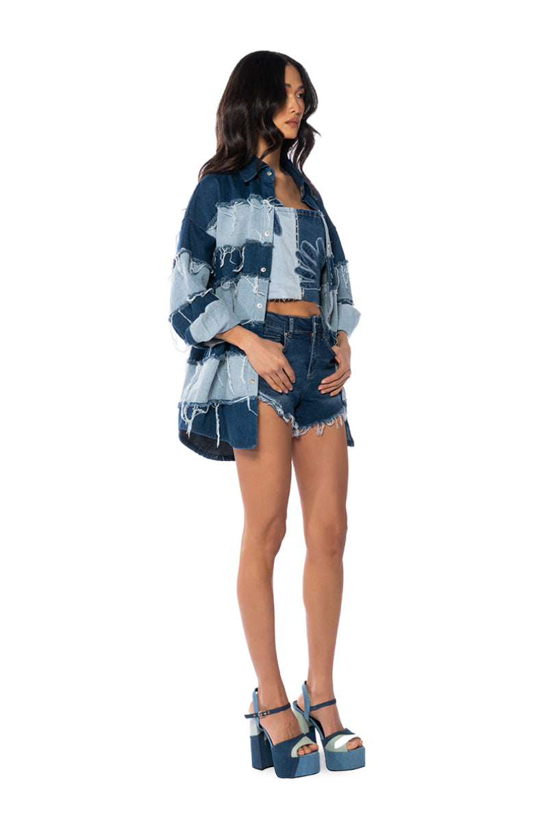 Extra View Splash Frayed Colorblock Denim Jacket view 6