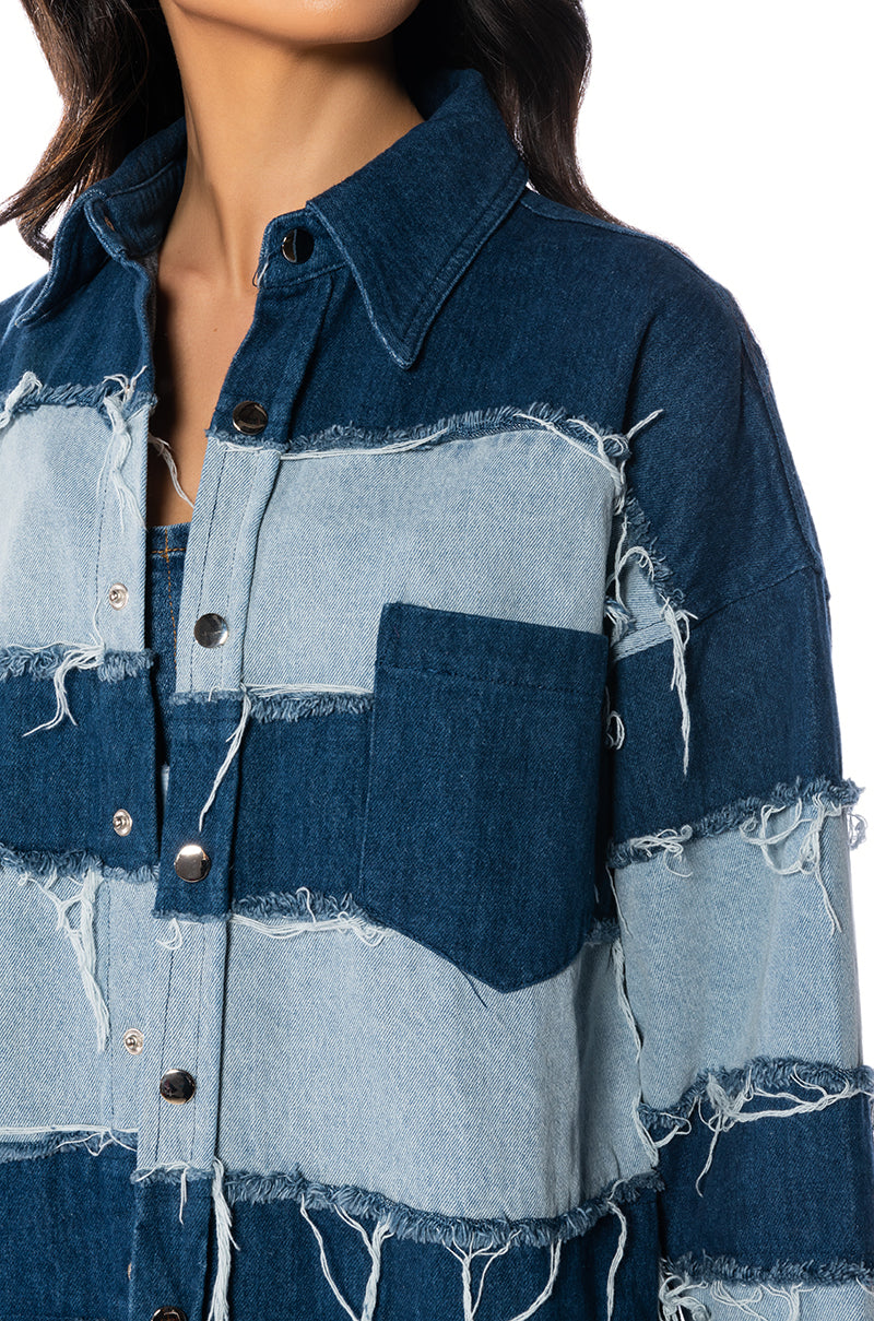 Extra View Splash Frayed Colorblock Denim Jacket view 9