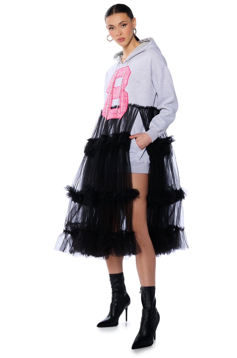 Side View Sporty Chic Tulle Hoodie Dress 1