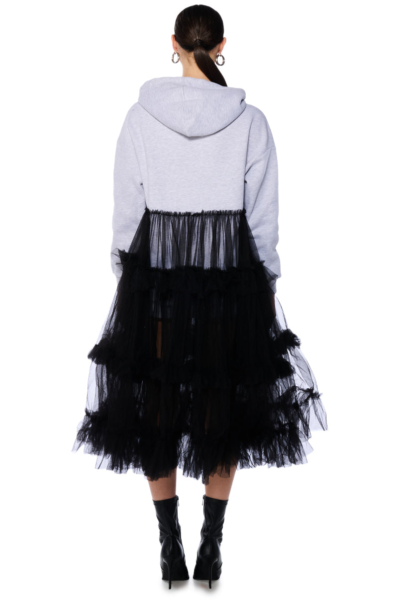 Detail View Sporty Chic Tulle Hoodie Dress 3