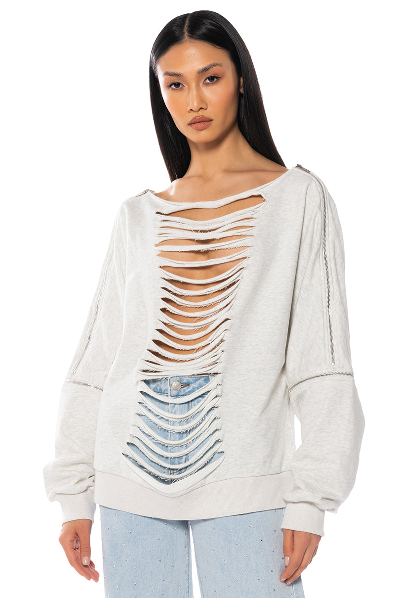 Front View Spotlight Shredded Zip Sleeve Sweatshirt