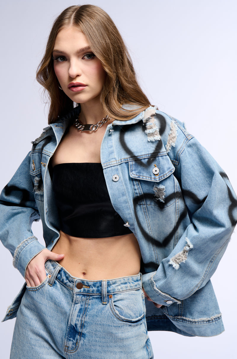 Side View Spray Painted Heart Oversized Denim Jacket