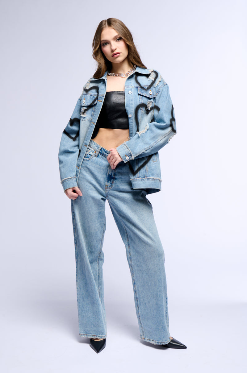 Detail View Spray Painted Heart Oversized Denim Jacket