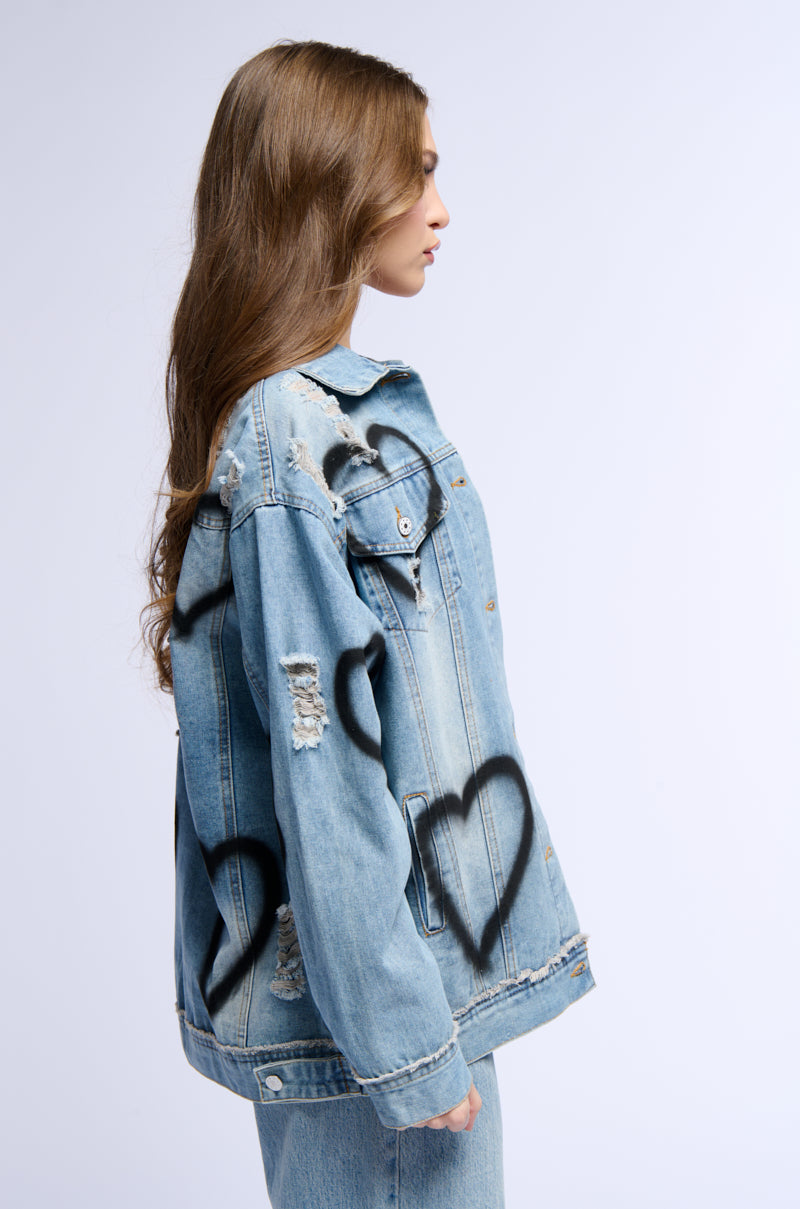 Full View Spray Painted Heart Oversized Denim Jacket