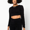 Front View Stack It Up Ruched Long Sleeve Crop Top in Black