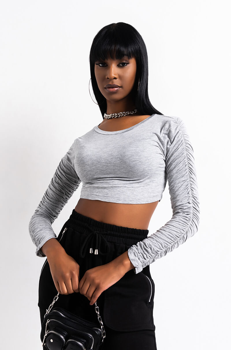 Front View Stack It Up Ruched Long Sleeve Crop Top in Heather Grey