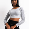 Front View Stack It Up Ruched Long Sleeve Crop Top in Heather Grey