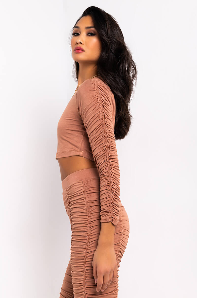 Side View Stack It Up Ruched Long Sleeve Crop Top in Light Brown