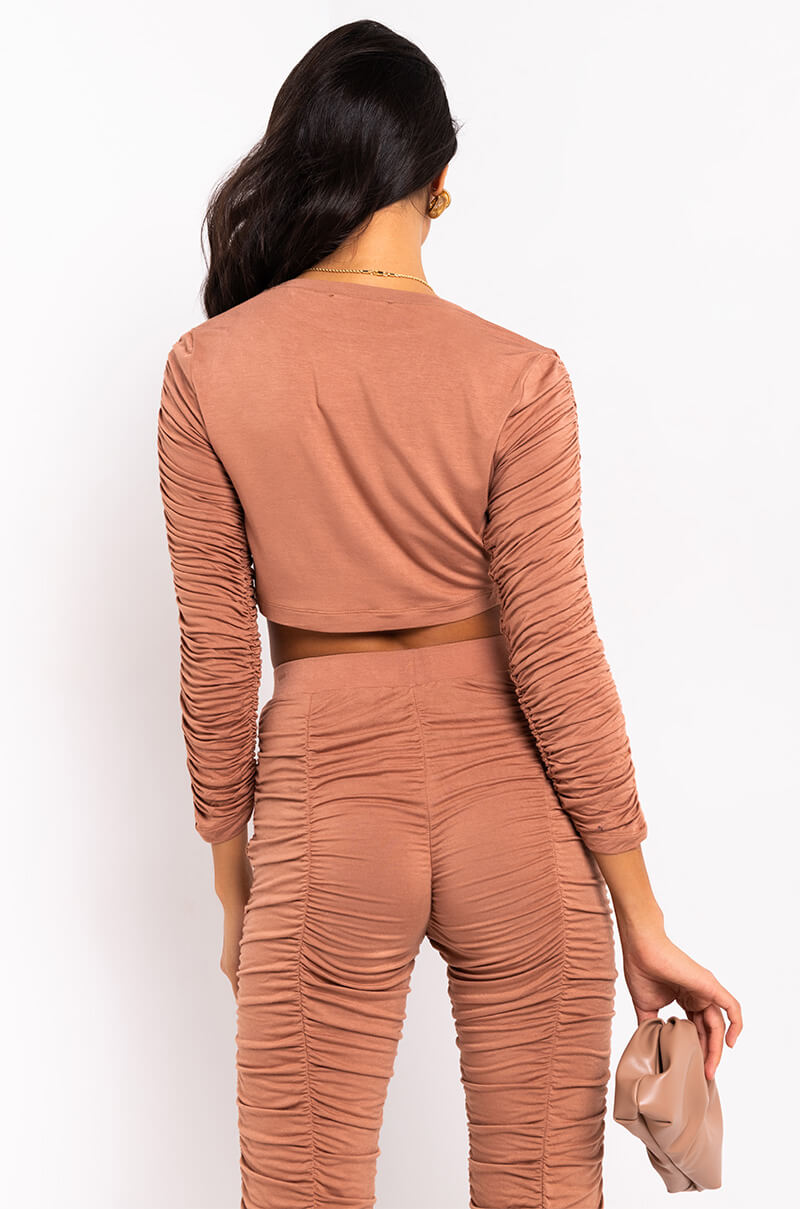 Back View Stack It Up Ruched Long Sleeve Crop Top in Light Brown