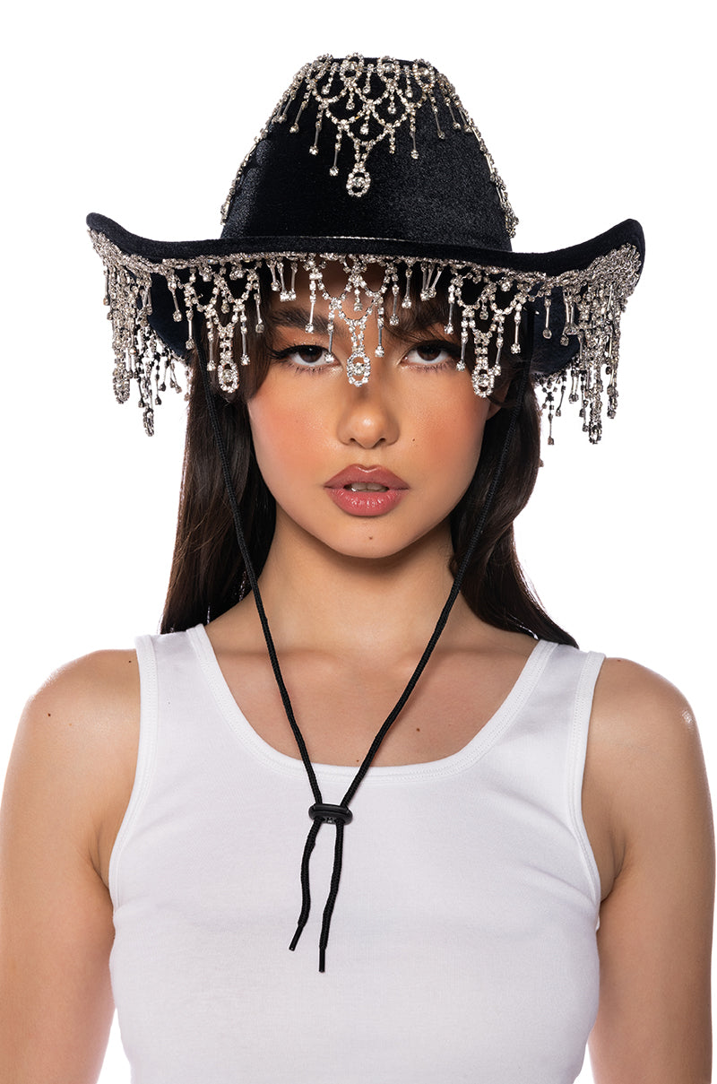 Front View Stallion Western Rhinestone Embellished Cowboy Hat In Black