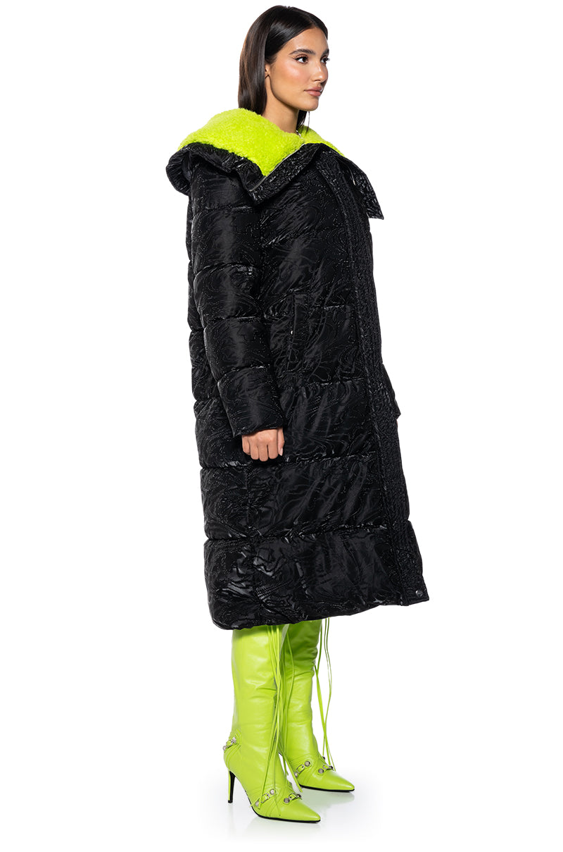 Back View Stand Out Long Puffer With Sherpa Lining