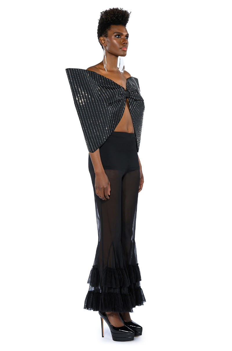 Extra View Standing Ovation Pinstripe Rhinestone Dramatic Bow Top
