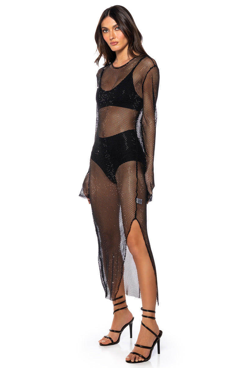 Front View Star Of The Night Rhinestone Mesh Maxi Dress In Black