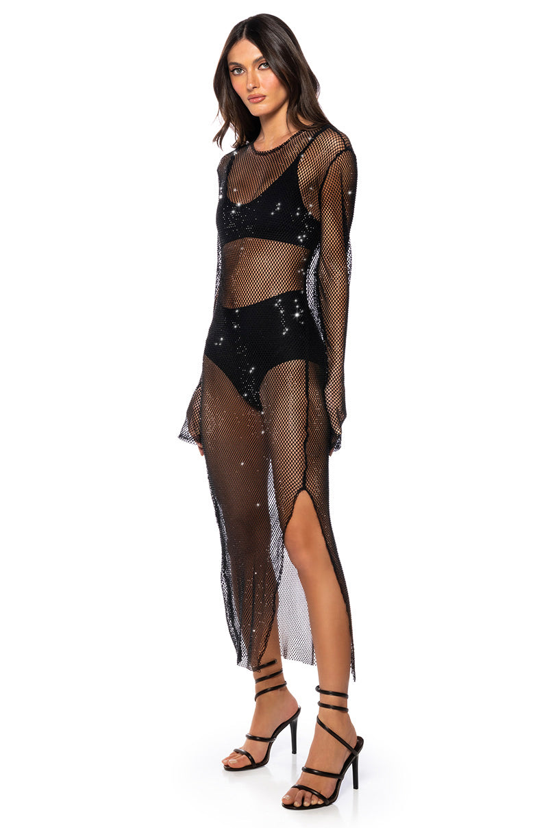 STAR OF THE NIGHT MESH LONGSLEEVE MAXI DRESS IN BLACK view 0