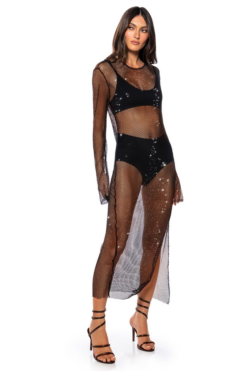Side View Star Of The Night Rhinestone Mesh Maxi Dress In Black