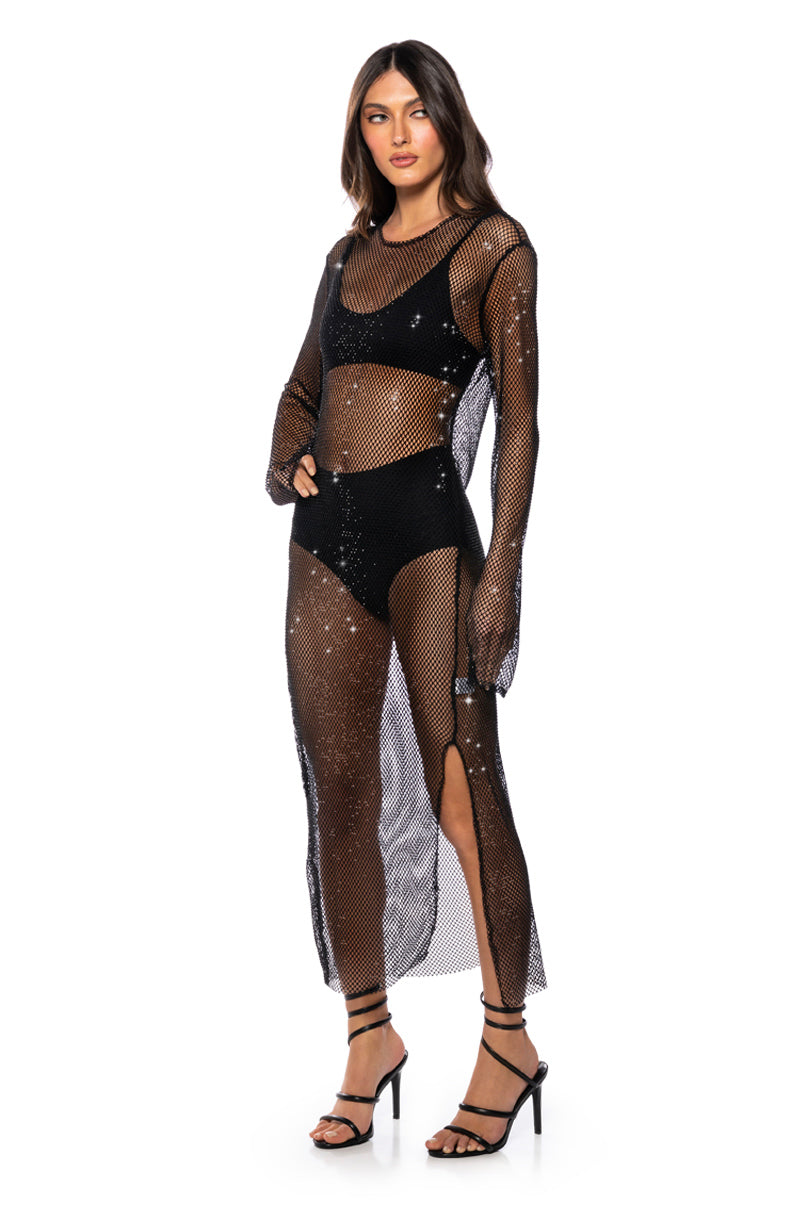 Back View Star Of The Night Rhinestone Mesh Maxi Dress In Black