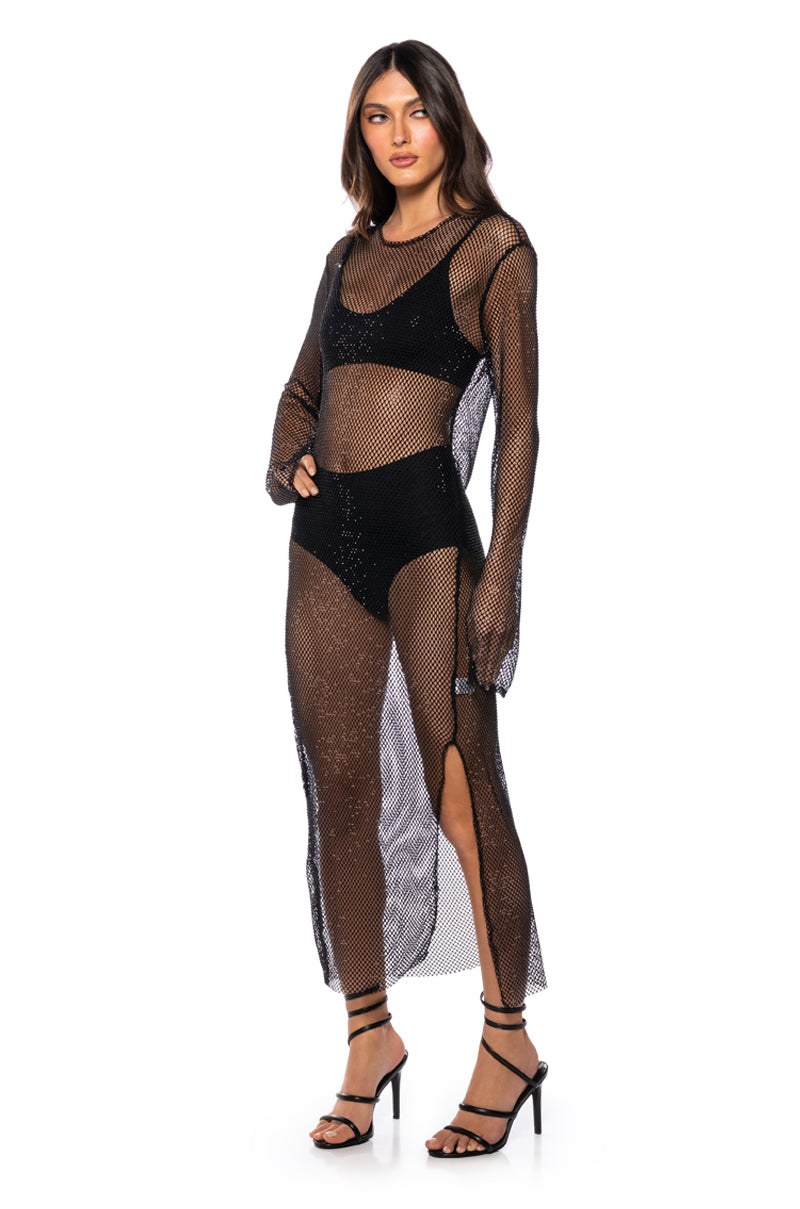 Back View Star Of The Night Rhinestone Mesh Maxi Dress In Black