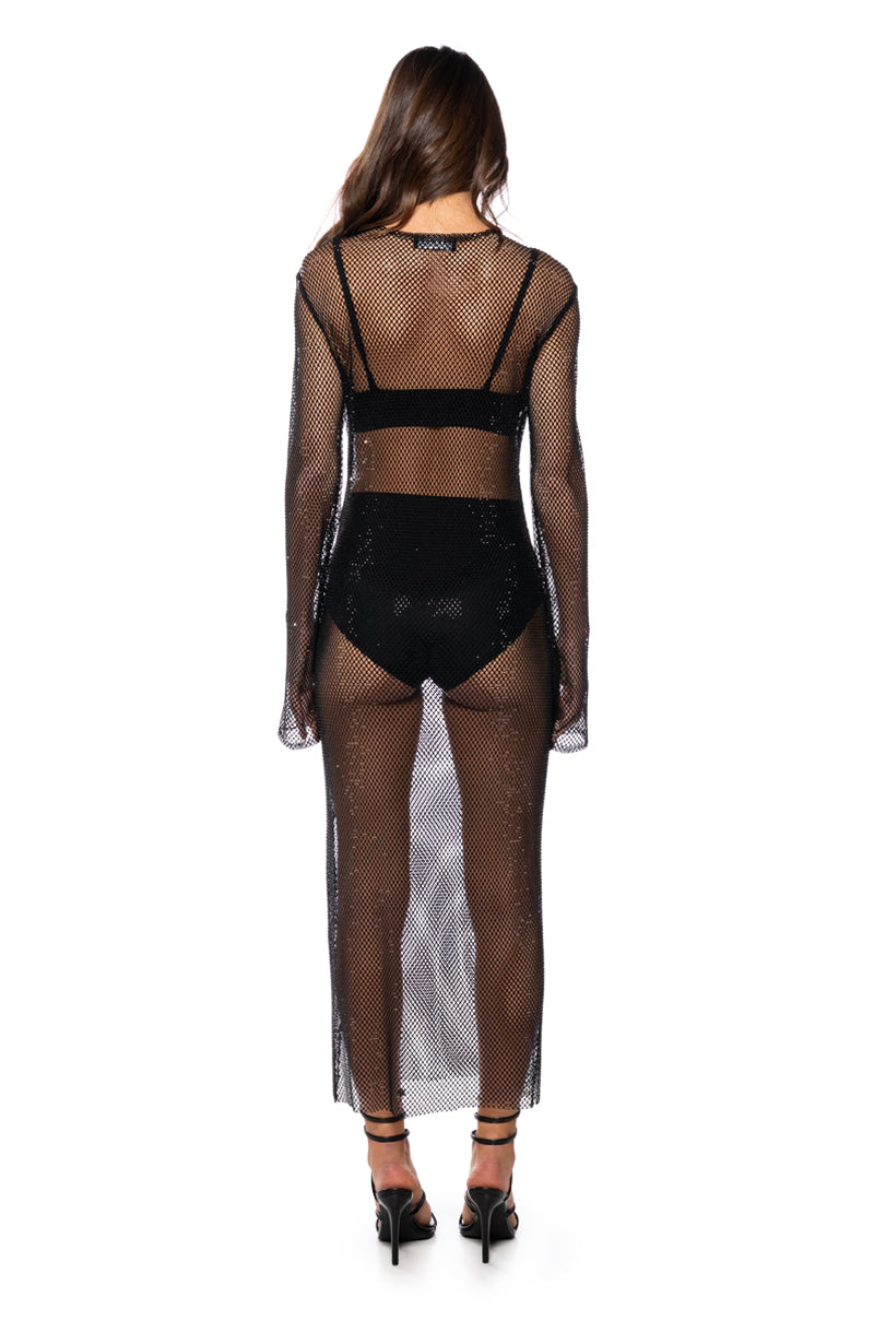 Extra View Star Of The Night Rhinestone Mesh Maxi Dress In Black