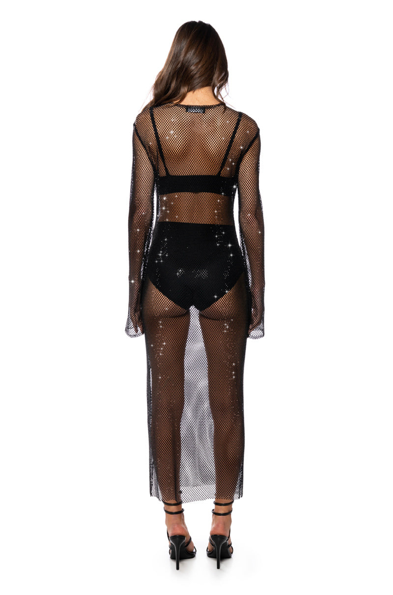 Extra View Star Of The Night Rhinestone Mesh Maxi Dress In Black
