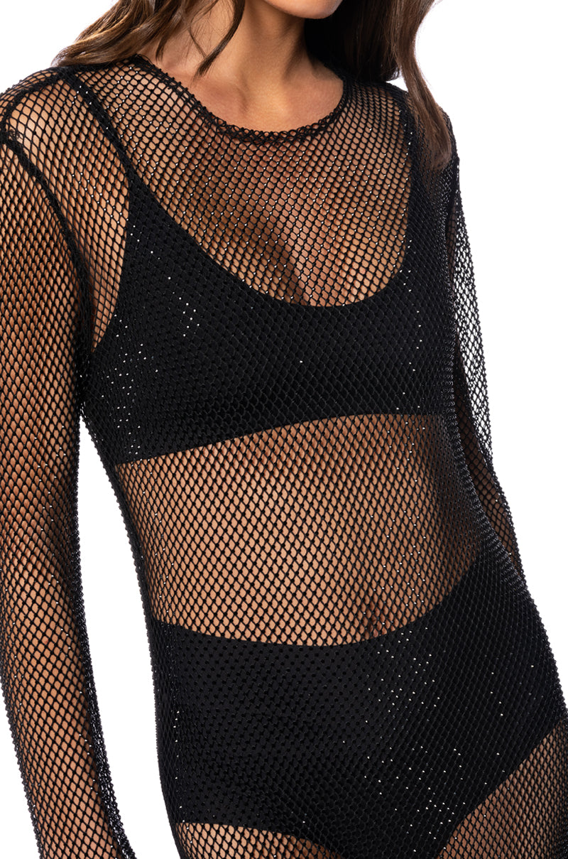 Extra View Star Of The Night Rhinestone Mesh Maxi Dress In Black