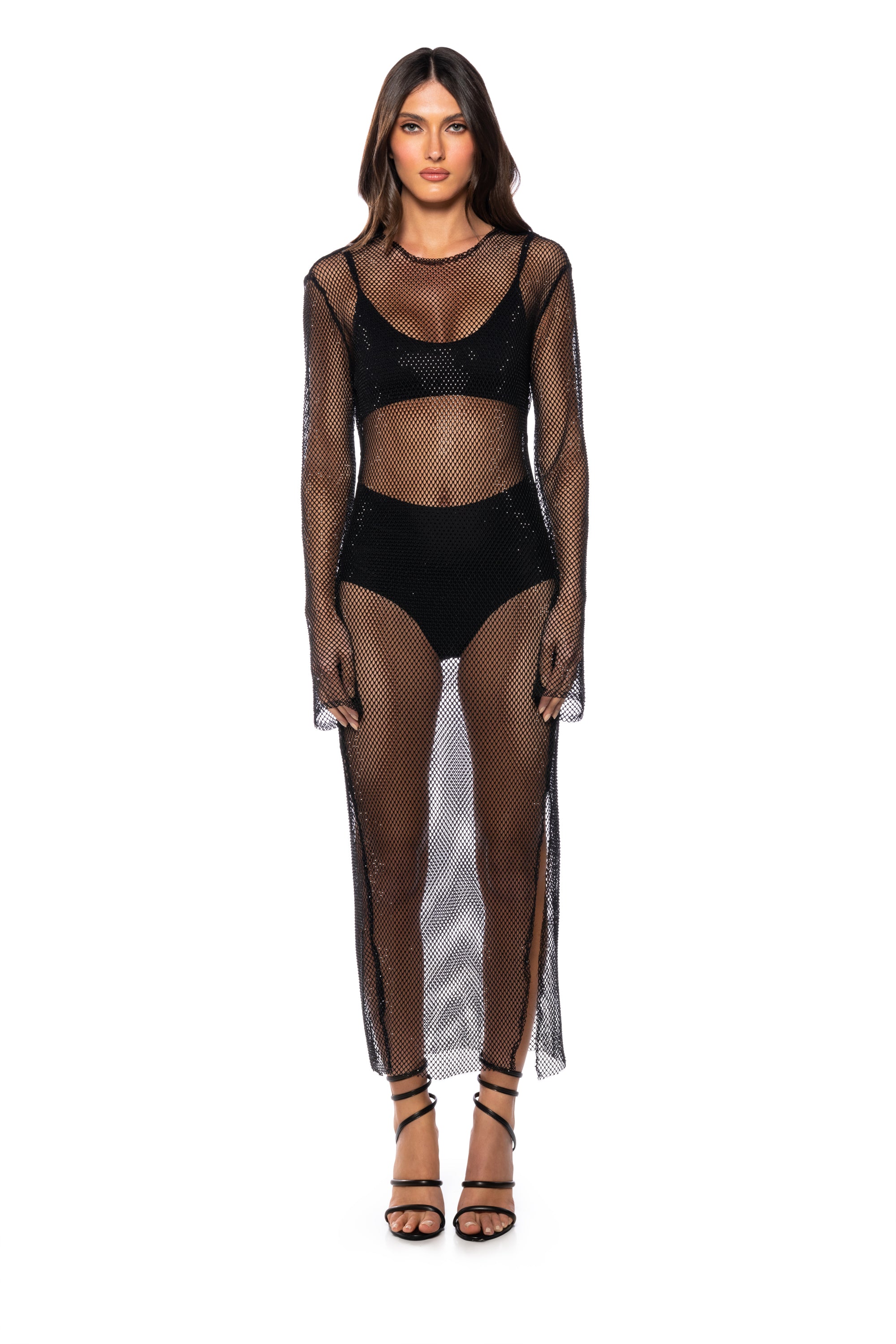 Extra View Star Of The Night Rhinestone Mesh Maxi Dress In Black