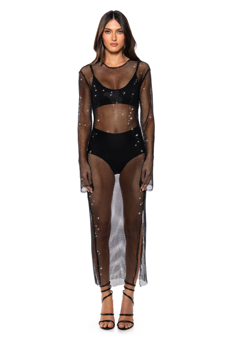 Extra View Star Of The Night Rhinestone Mesh Maxi Dress In Black