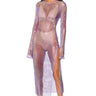 Front View Star Of The Night Rhinestone Mesh Maxi Dress In Purple