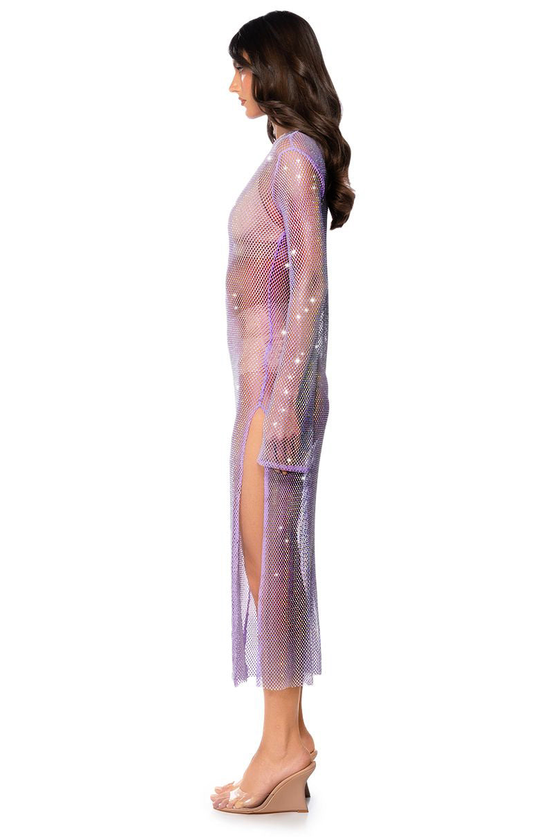 Back View Star Of The Night Rhinestone Mesh Maxi Dress In Purple