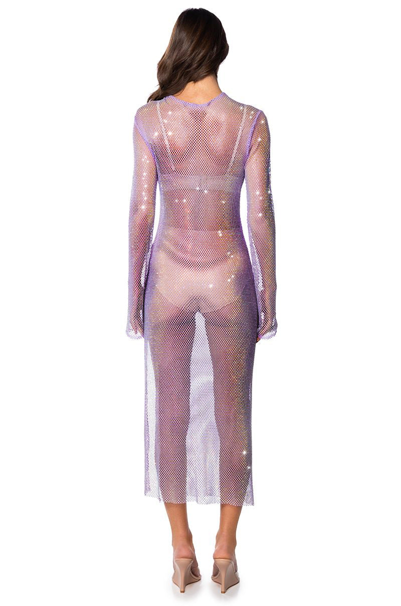 Full View Star Of The Night Rhinestone Mesh Maxi Dress In Purple