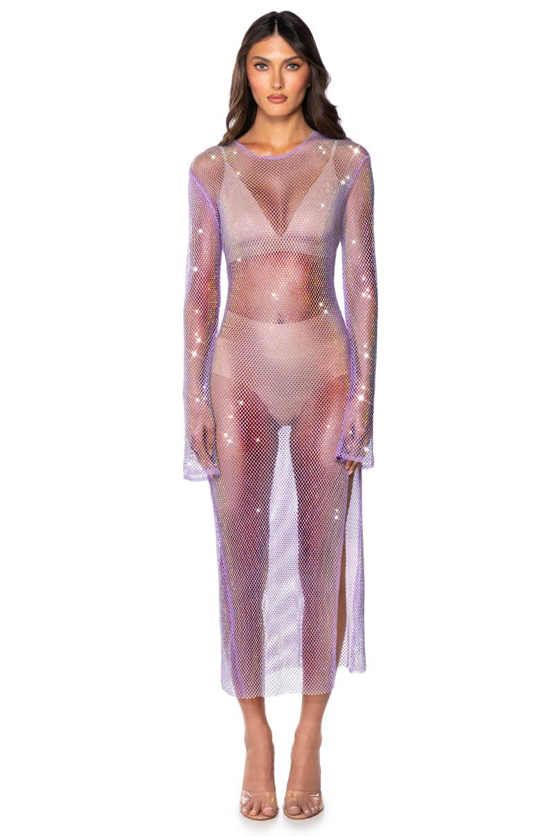 Extra View Star Of The Night Rhinestone Mesh Maxi Dress In Purple