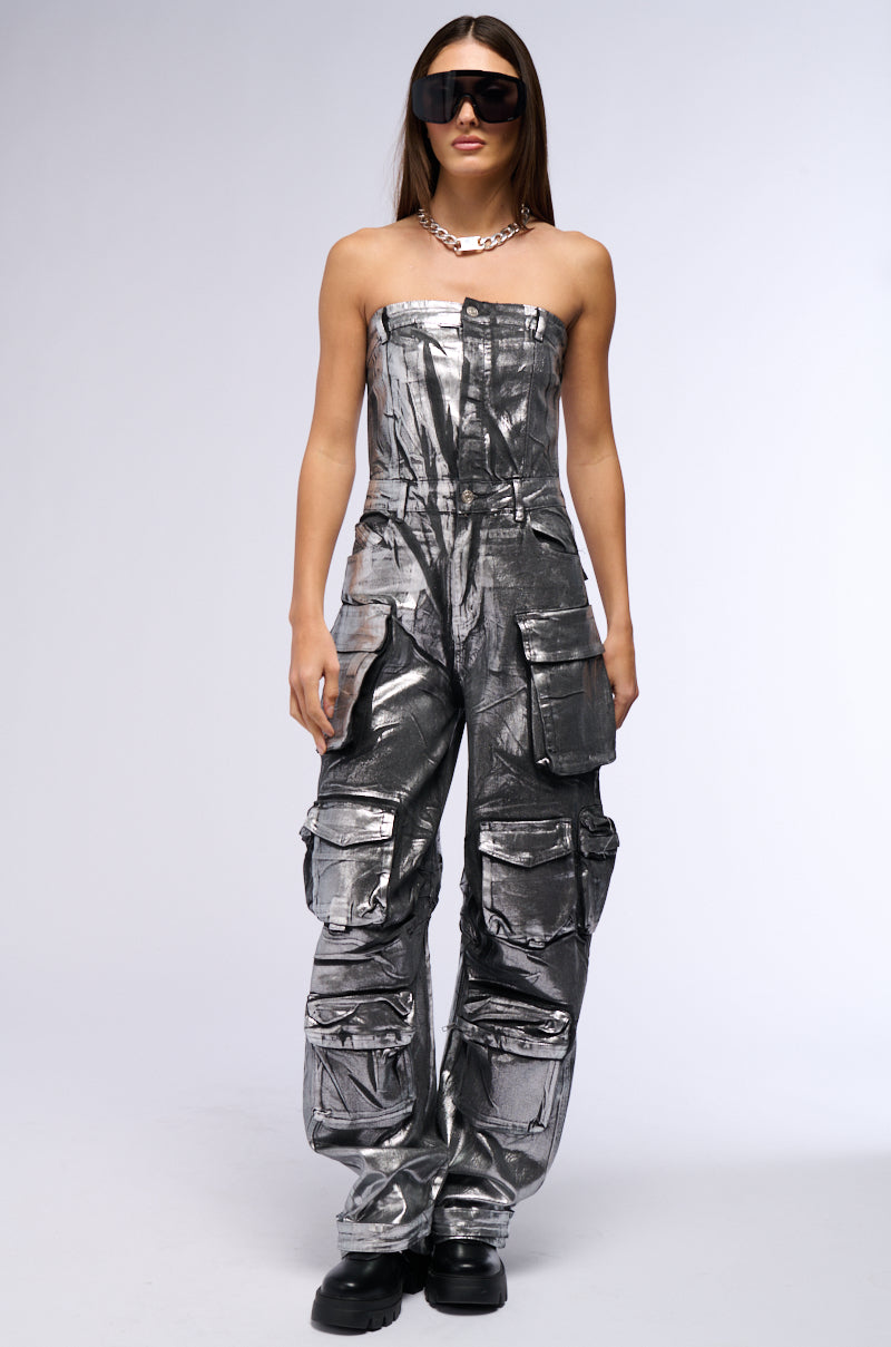 Back View Star Of The Show Metallic Denim Jumpsuit