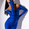 Front View Star Stretch Its Giving Model Material Gloved Bodysuit In Royal Blue