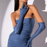 Front View Star Stretch Ruched Strapless Mini Dress With Long Gloves In Light Blue