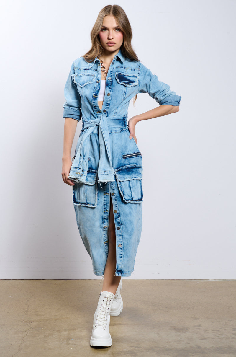STARTING NEW DENIM MIDI DRESS – AKIRA