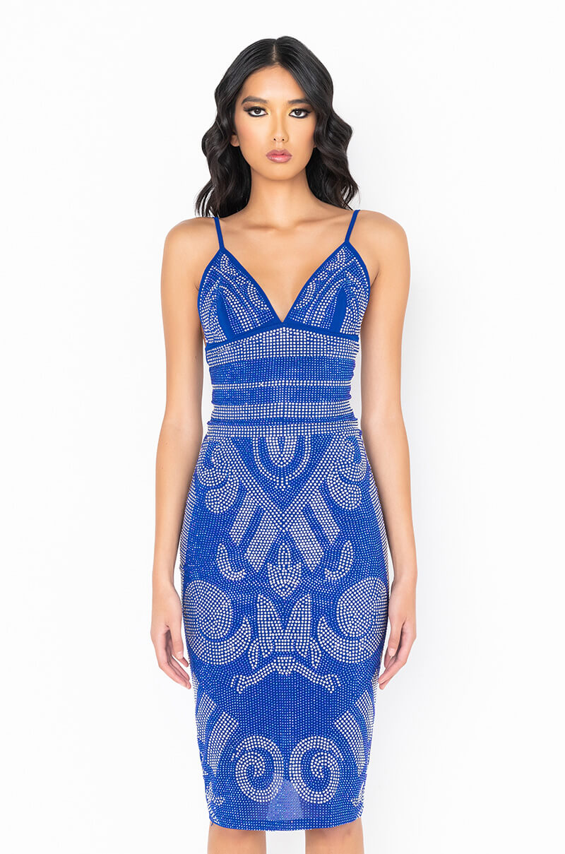 Side View Statue Status Rhinestone Bandage Midi Dress