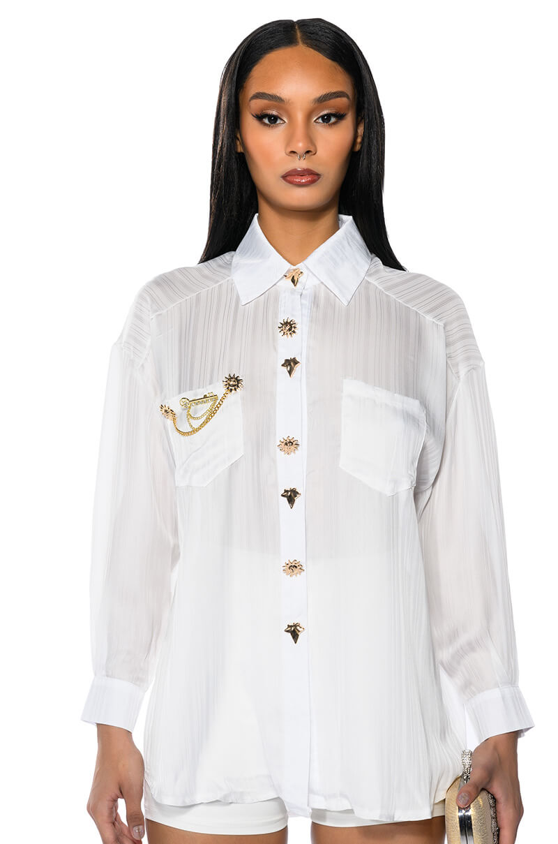 Front View Stay Fly Oversized Button Down Blouse