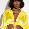 Front View Stay Gold Satin Tie Front Crop Blouse