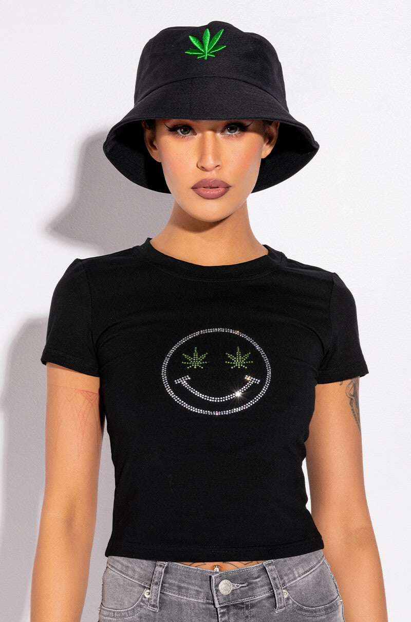 Front View Stay Weird Rhinestone Cropped T Shirt