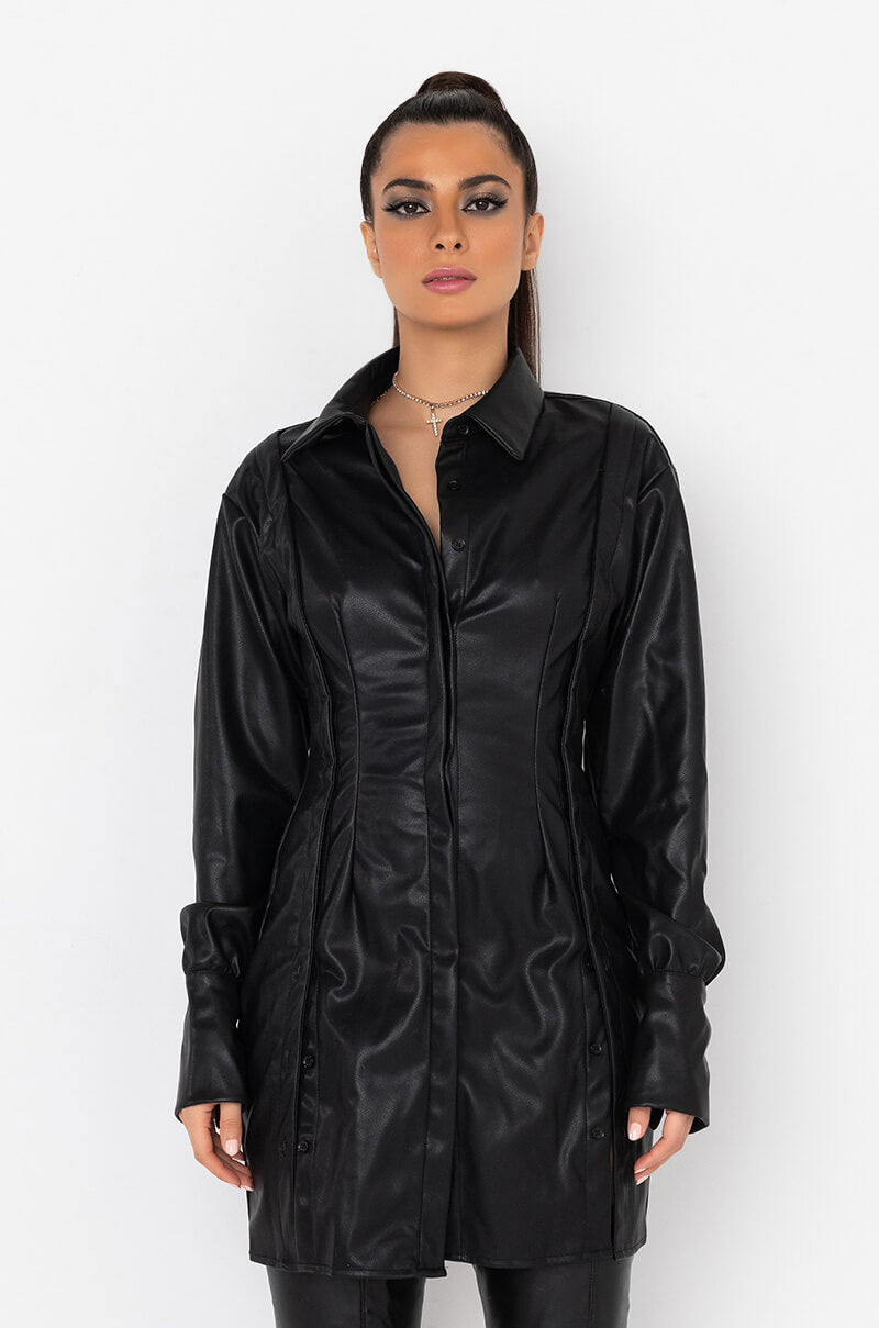 Side View Stealthy Button Front Pu Shirt Dress