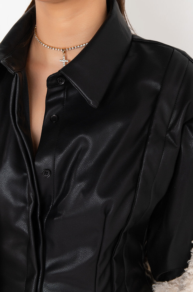 Full View Stealthy Button Front Pu Shirt Dress
