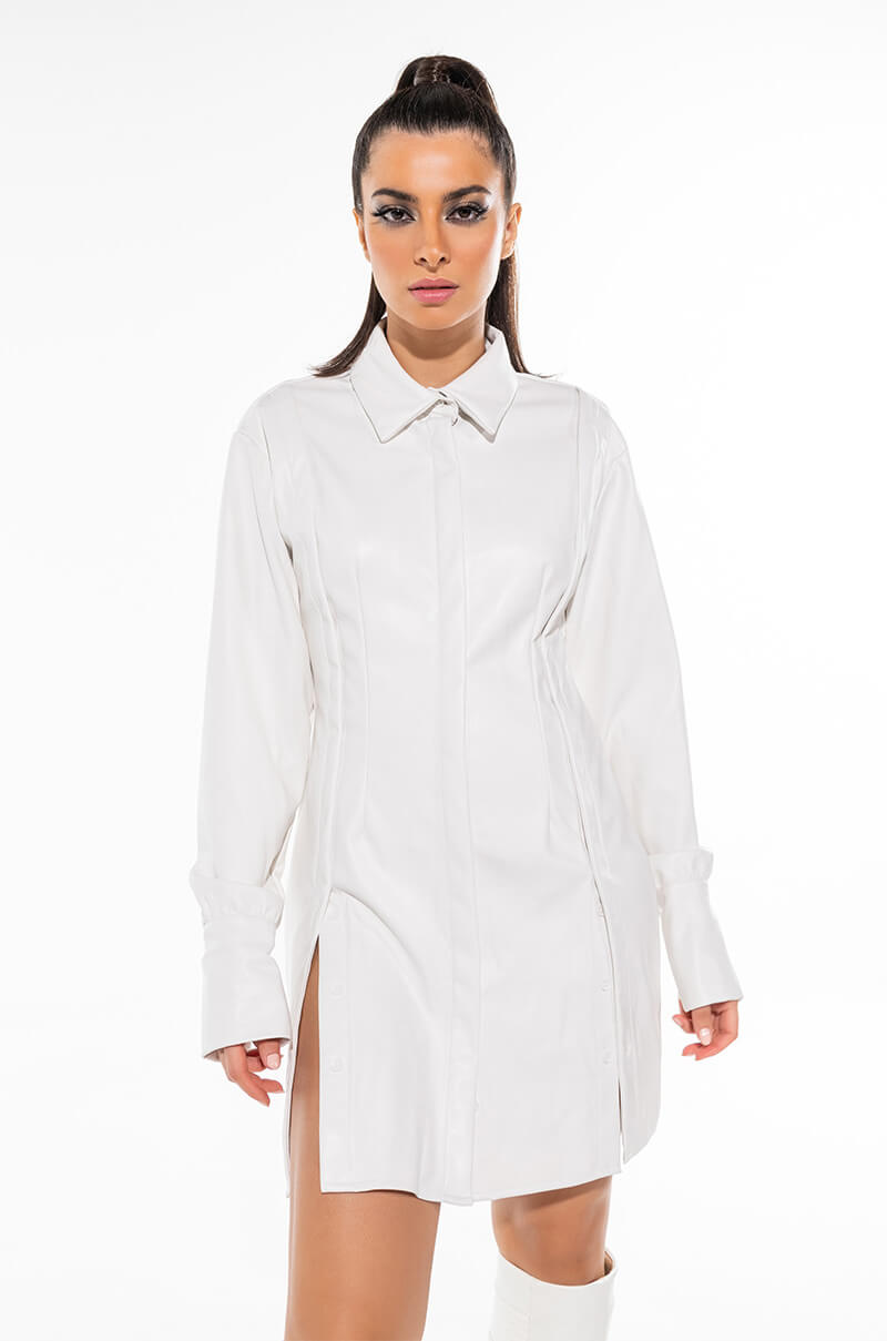Front View Stealthy Button Front Pu Shirt Dress 0