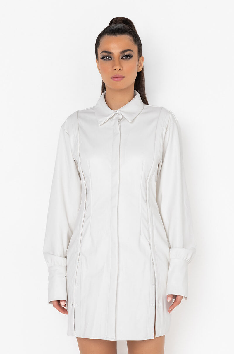 Side View Stealthy Button Front Pu Shirt Dress 1