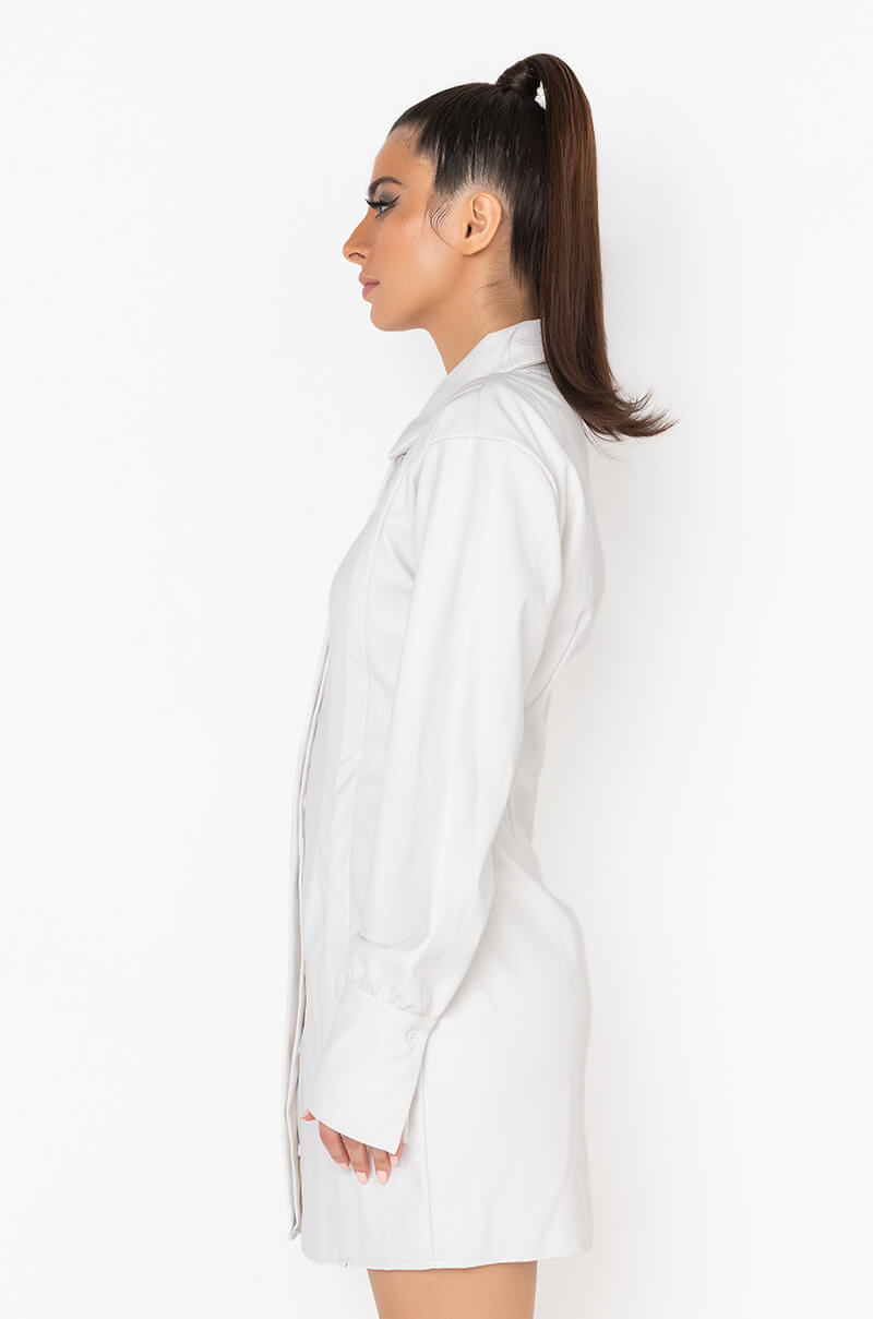 Back View Stealthy Button Front Pu Shirt Dress 2