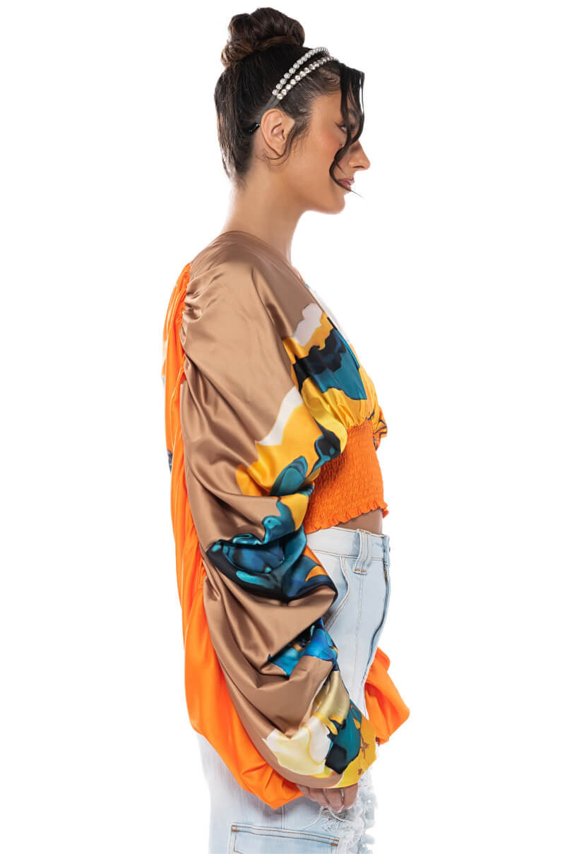 Detail View Stella Print Long Sleeve Satin Blouse