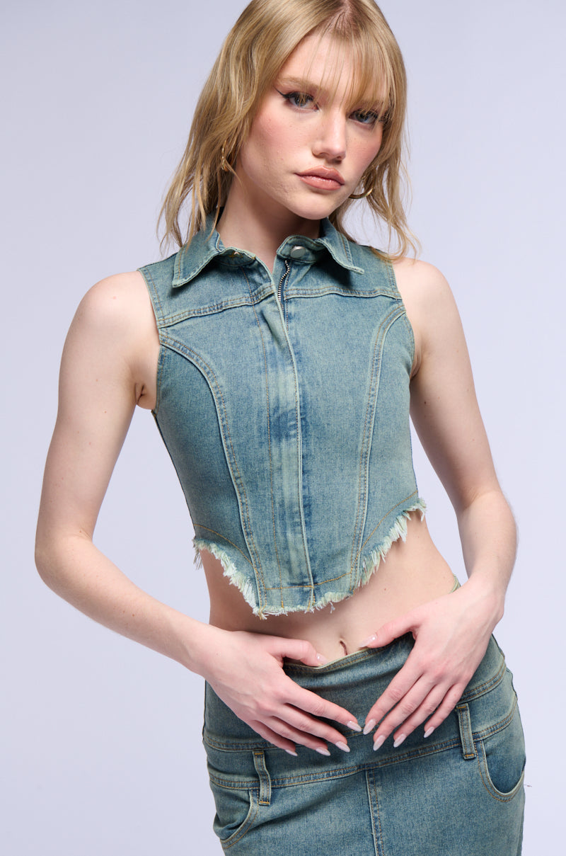 Front View Sterling Sleeveless Denim Collared Top 0