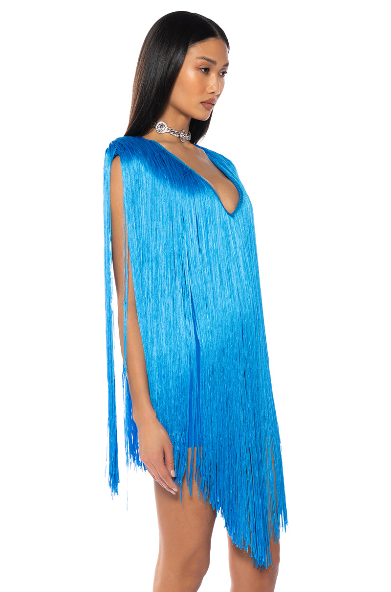 STEVIE DEEP V BANDAGE WITH FRINGE MINI DRESS AKIRA STEVIE DEEP V BANDAGE WITH FRINGE MINI DRESS AKIRA