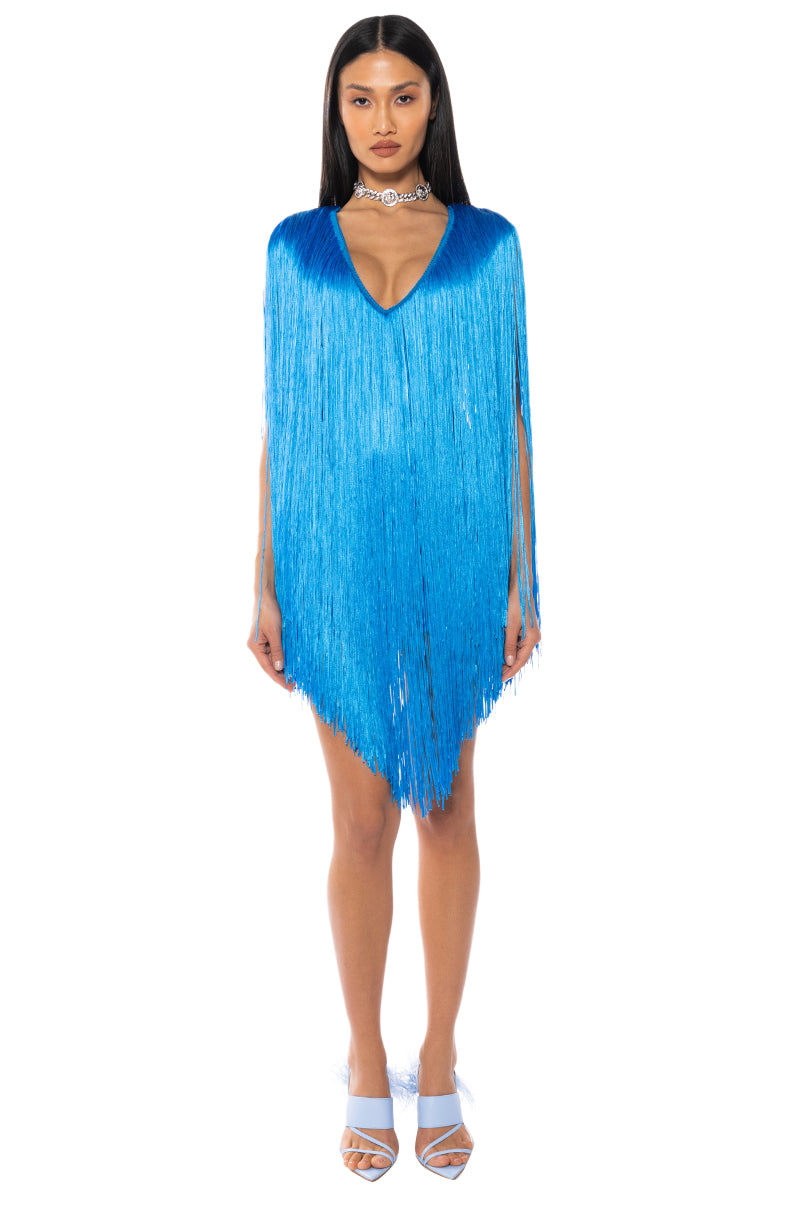 Back View Stevie Deep V Bandage With Fringe Mini Dress In Blue