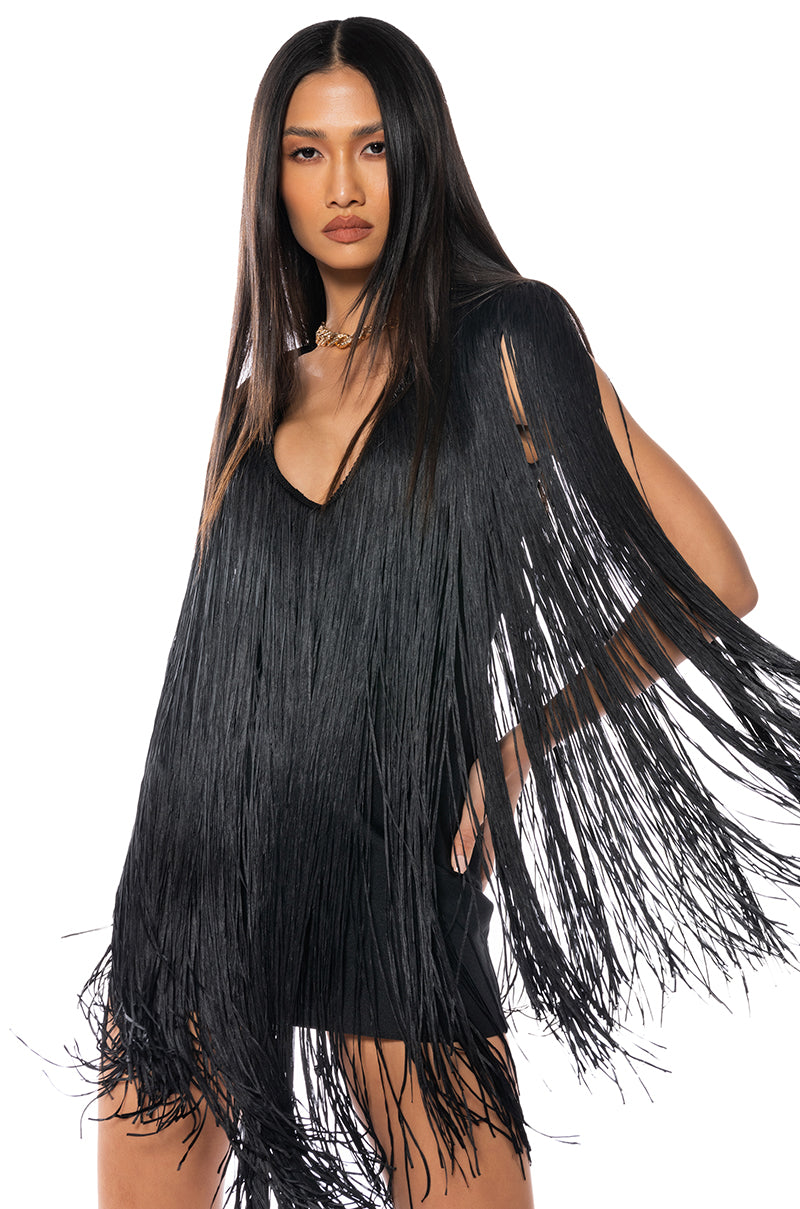 STEVIE DEEP V BANDAGE WITH FRINGE MINI DRESS view 0